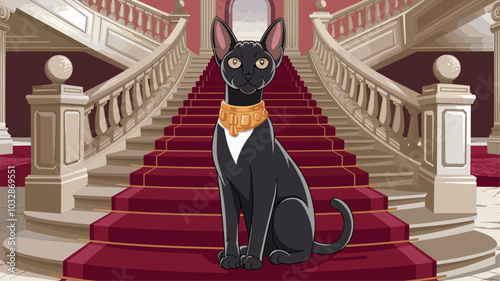 Sphinx cat sitting majestically on a grand staircase in an opulent mansion with elegant architectural details.