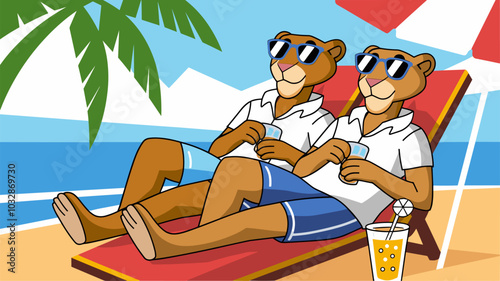 Stylish panthers in sunglasses lounging on a beach, perfect for summer campaigns.