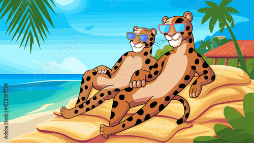 Stylish panthers in sunglasses lounging on a beach, perfect for summer campaigns.