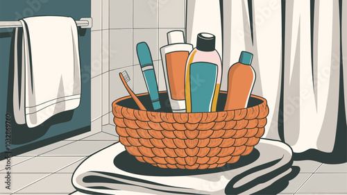 Colorful travel-sized toiletries in woven basket on towel in hotel bathroom.