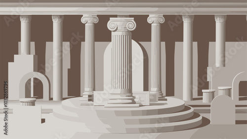 3D podium with white Roman column, ancient Greek luxury design, product display, classic background, minimalistic stage with Rome elements.