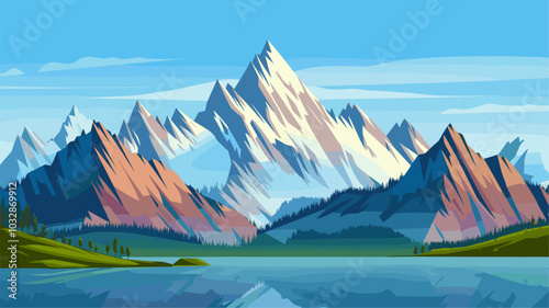 A panoramic view of a mountain range with snow-capped peaks.