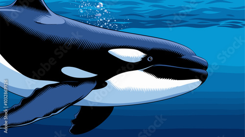 Close-up of killer whale in deep blue ocean, striking black-and-white coloration, vast open water, serene, detailed, contrast.