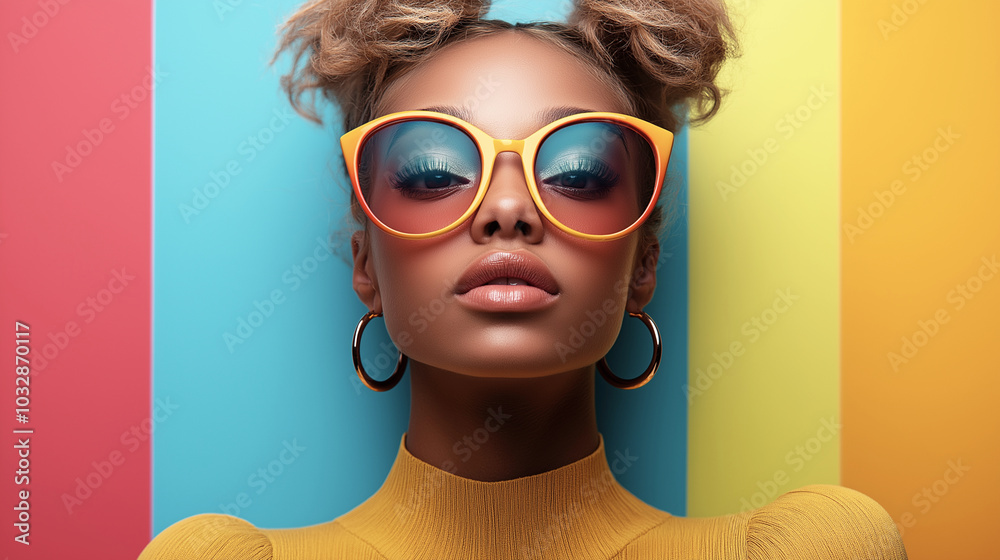 Trendy woman with bright sunglasses and yellow top against colorful striped background
Trendy woman with bright sunglasses and yellow top against colorful striped background