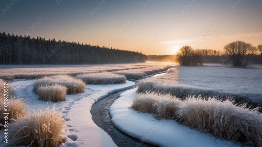 In this Rural winter landscape, a frozen creek winds through snowy meadows In this Rural winter landscape, a frozen creek winds through snowy meadows
