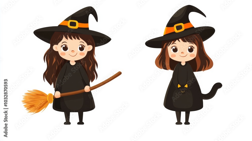 Charming cartoon illustration of a cute little witch with a broom, accompanied by a magical cat. Charming cartoon illustration of a cute little witch with a broom, accompanied by a magical cat.
