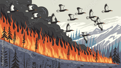 A flock of birds flying above a raging forest fire.