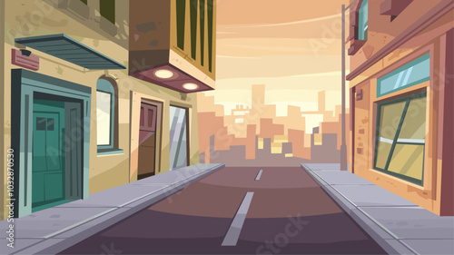 Quiet city street corner, sunset or sunrise urban cityscape background with buildings back exit doors, windows, old walls and view on central illuminated road, Cartoon vector game or book illustration