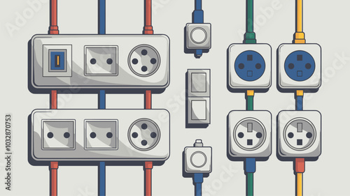 Electric sockets and switches on wall. Vector realistic set of 3d different types toggles and outlet for european and usa plugs, adapter connectors. White plastic house supplies
