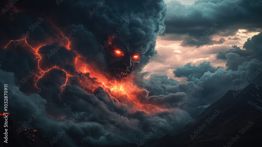 The devil rises from dark, churning clouds, with glowing eyes and an aura of menace, as mist swirls around and occasional lightning illuminates the stormy backdrop.