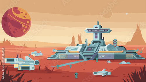 Space colony on Mars planet cartoon landscape. Futuristic alien base station city on desert surface illustration. Futuristic spaceship exploration and colonization game mission scene background.