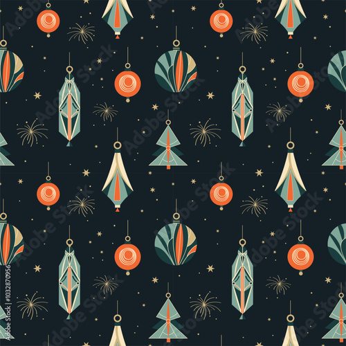 Winter Seamless Christmas pattern with glass tree toys in Art Deco style. Hand drawn festive repeating background with New Year decor. Modern Xmas ornament for design, wrapping paper, textile, card