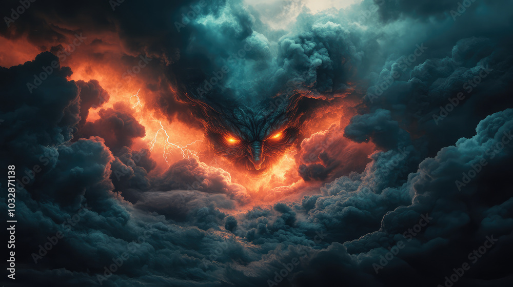 A menacing devil emerges from dense, dark clouds, its fiery eyes piercing through the swirling mist, as lightning crackles around it, adding to the haunting atmosphere. A menacing devil emerges from dense, dark clouds, its fiery eyes piercing through the swirling mist, as lightning crackles around it, adding to the haunting atmosphere.