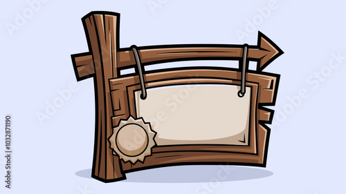 Wooden signboard for game ui design. Cartoon vector illustration set of blank plates and arrow with wood texture and space for text. Empty plank banner for message sign. timber frame and badge.