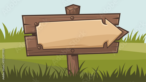 Wooden signboard for game ui design. Cartoon vector illustration set of blank plates and arrow with wood texture and space for text. Empty plank banner for message sign. timber frame and badge.