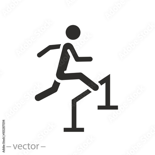 athlete jumping over barrier, hurdle jump icon, runner with obstacle, hurdler challenge skill, motivation way concept, flat vector illustration