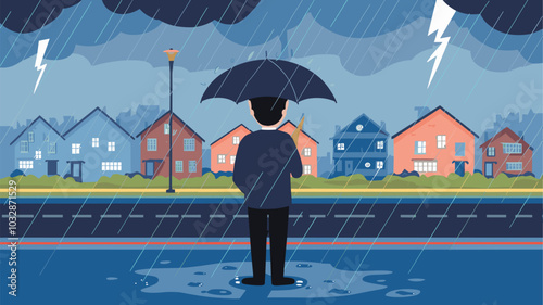 Man looking at window at rain on city street. Vector cartoon illustration of thunderstorm with lightning in town with houses, road and person standing inside home at rainy night