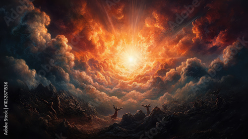 A painting of a sun with a large cloud in the background