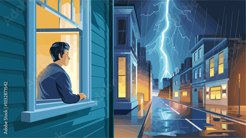 Man looking at window at rain on city street. Vector cartoon illustration of thunderstorm with lightning in town with houses, road and person standing inside home at rainy night