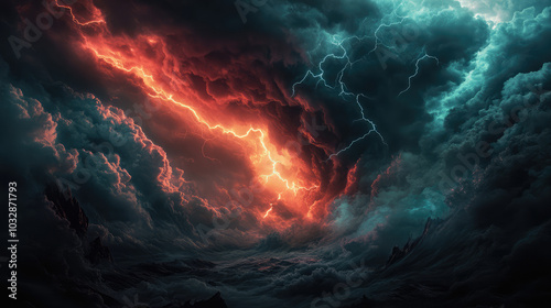 A stormy sky with red and blue lightning bolts