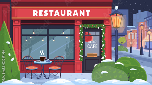 Winter city street with restaurant facade. Vector cartoon illustration of outdoor cafe, hot coffee on table in snowy town, Christmas garlands, retro lantern, bushes and trees, holiday cityscape