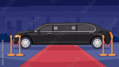 Luxury black limousine car with closed door near empty red carpet with rope barrier against night cityscape background. Celebrity arrival at vip party or awarding ceremony. Cartoon vector illustration