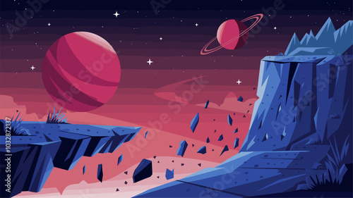 Fantastic landscape with rock ledge, stars and big alien planet in night red sky. Vector cartoon illustration of space, mountain cliff with cracks and flying stones