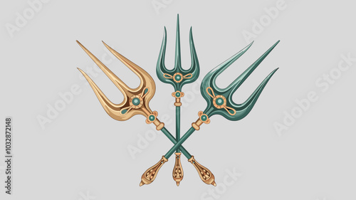 Poseidon tridents, marine God Neptune weapon, gold and green colored sharp pitchforks decorated with ornamental forgery and gems. Isolated forks on white background. Realistic 3d vector illustration