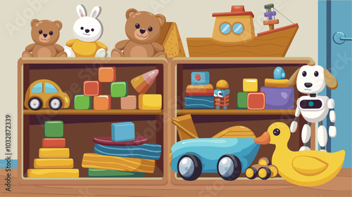 Kids toys, plush animals, car and wooden ship on shelves in child room, kindergarten or shop. Vector cartoon illustration of cute baby toys, soft bear, rabbit, blocks, pyramid, dog robot and duck