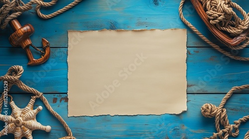 A blank letter sheet and rope moorings on a blue table evoke the spirit of exploration, paying homage to Columbus Day. photo