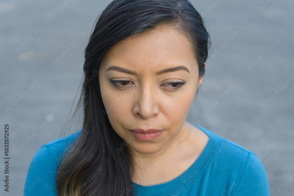 A close-up portrait of a woman with long black hair, wearing a blue shirt. She looks down with a serious expression. A close-up portrait of a woman with long black hair, wearing a blue shirt. She looks down with a serious expression.