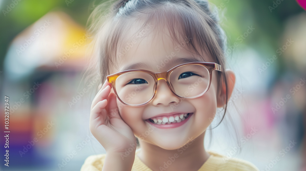 A young girl with glasses smiles brightly, her hand resting on her cheek. A young girl with glasses smiles brightly, her hand resting on her cheek.