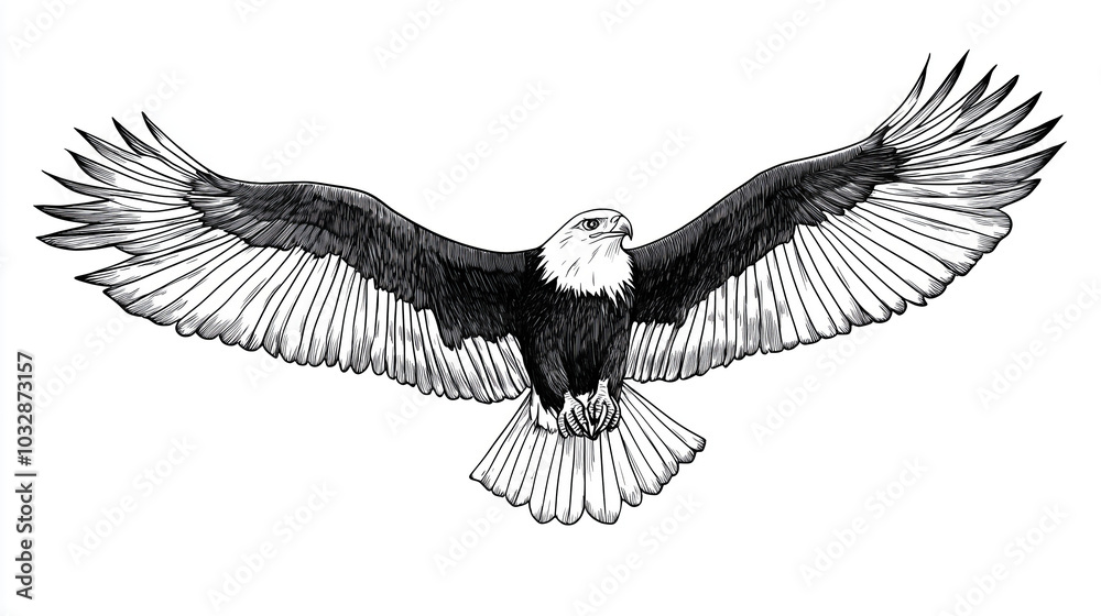 Naklejka premium Black and white line art drawing of a bald eagle in flight.