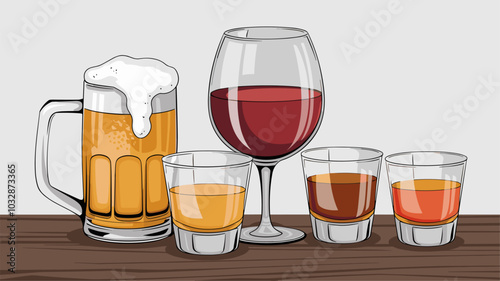Glasses with alcohol drinks, beer with foam in mug, red wine, vodka, cognac and whiskey in shots. Vector realistic set of clear glassware with beverages isolated on white and transparent backgrounds