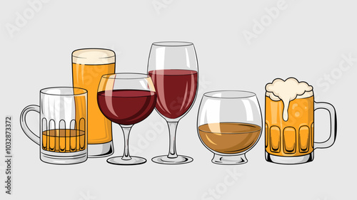 Glasses with alcohol drinks, beer with foam in mug, red wine, vodka, cognac and whiskey in shots. Vector realistic set of clear glassware with beverages isolated on white and transparent backgrounds