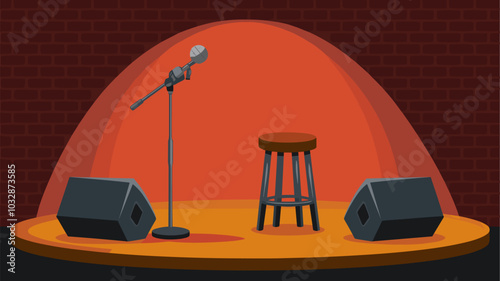 Stand up stage with mic and stool. Comedy show, music contest, karaoke concept with empty scene with microphone, chair and brick wall, vector cartoon illustration