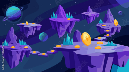 Flying rock islands vector game space background landscape. Cartoon planet in galaxy for arcade videogame. 2d ui level map with floating platform with gold goin in fantasy universe. World asset design