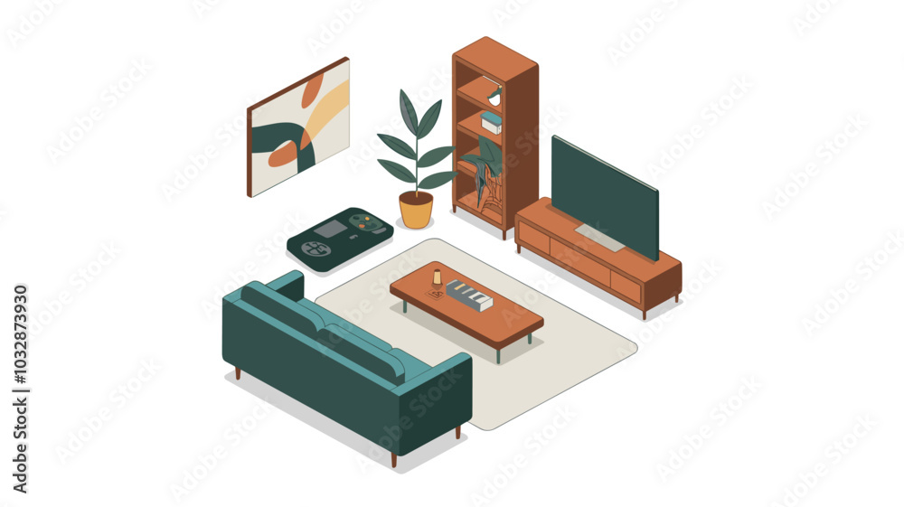 Living room interior set with sofa, tv and play console with joystick, potted plant. Vector cartoon illustration of lounge with coffee table and wooden bookshelf abstract painting isolated on white Living room interior set with sofa, tv and play console with joystick, potted plant. Vector cartoon illustration of lounge with coffee table and wooden bookshelf abstract painting isolated on white