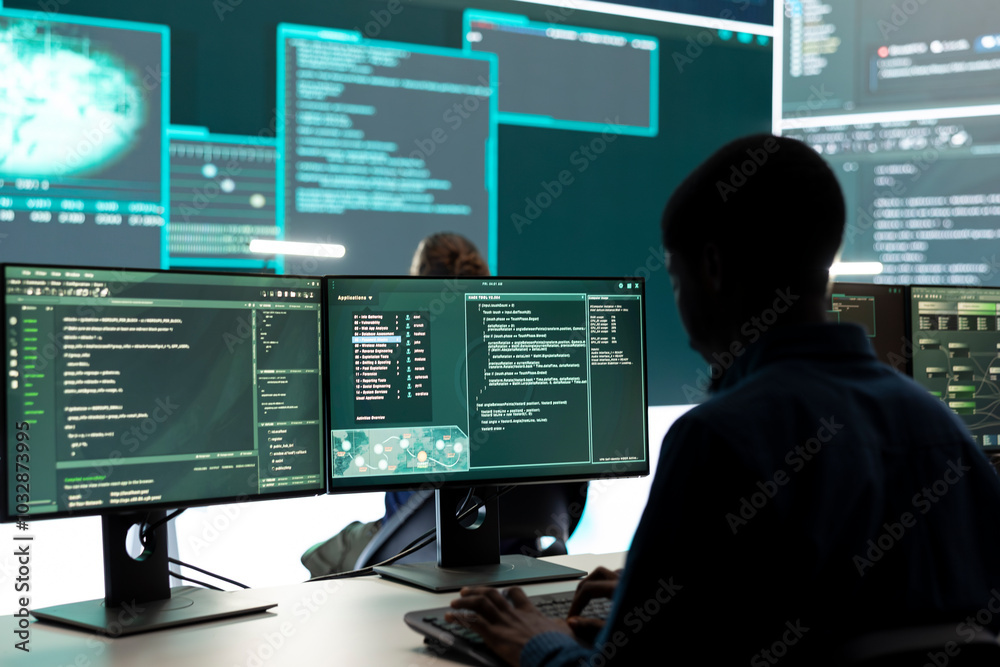 Cyber security experts women working on spyware and malware detection in a governmental agency. Examining server information on a big screen to combat cyberterrorism and cyberwarfare. Cyber security experts women working on spyware and malware detection in a governmental agency. Examining server information on a big screen to combat cyberterrorism and cyberwarfare.