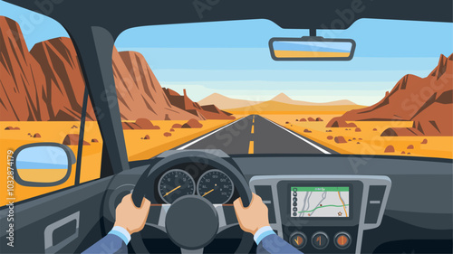 Car road in desert inside driver cockpit view cartoon illustration. Vector african illustration with steering navigation and cabin interior for game. Dry mountain environment landscape from windscreen