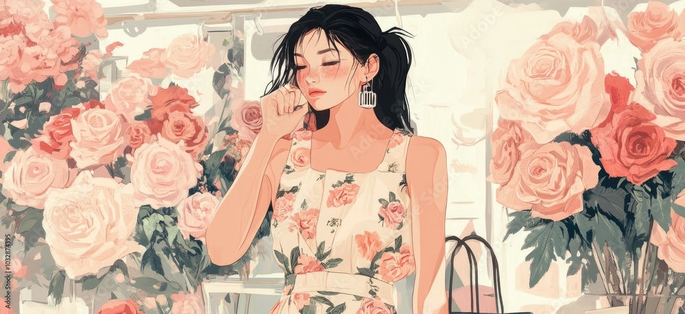 Fototapeta premium Young woman in floral dress surrounded by roses, capturing the essence of girlhood design and delicate femininity