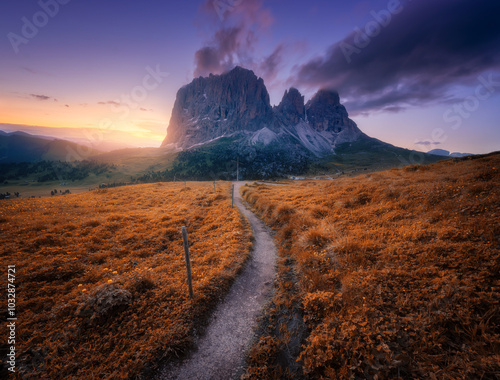 Mountains and orange alpine meadows at sunset in golden autumn. Passo Sella, Dolomites, Italy. Colorful landscape with mountain peaks, rocks, stones, trail, grass, sky with clouds in fall. Nature