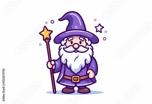 a cute old wizard in a purple outfit holding a magic wand against a white background.