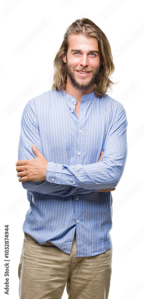 Young handsome man with long hair over isolated background happy face smiling with crossed arms looking at the camera. Positive person. Young handsome man with long hair over isolated background happy face smiling with crossed arms looking at the camera. Positive person.