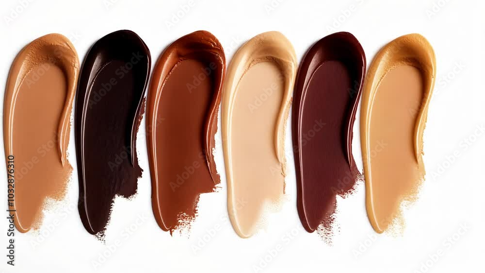 A variety of foundation shades are swiped on a white background A variety of foundation shades are swiped on a white background