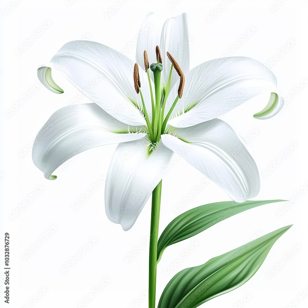 Fototapeta premium A beautiful white lily flower with green leaves against a white isolated background.