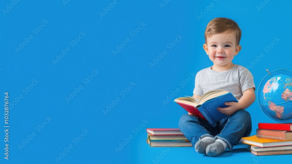 A cheerful toddler reading a book while sitting on a pile of colorful books with a globe nearby against a blue background. A cheerful toddler reading a book while sitting on a pile of colorful books with a globe nearby against a blue background.