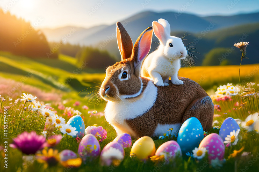 Ein Osterhase mit Jungen auf einer Wiese mit Ostereiern