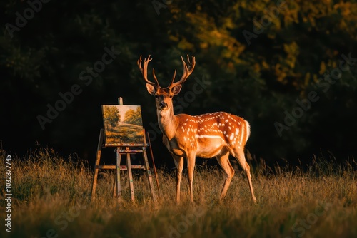 A majestic deer stands beside an easel displaying a vibrant nature painting, surrounded by lush greenery. photo