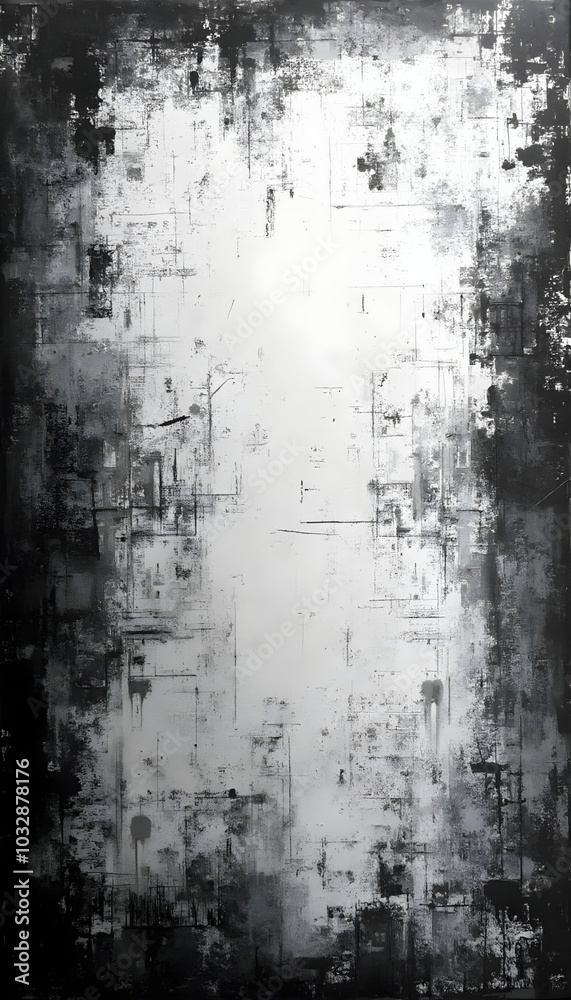 Fototapeta premium An abstract grunge background featuring a black-and-white distressed texture. The uneven surfaces and rough patterns create a raw, edgy aesthetic, perfect for artistic designs.